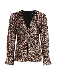 Lauren Leopard-Print Satin Twist-Front Blouse