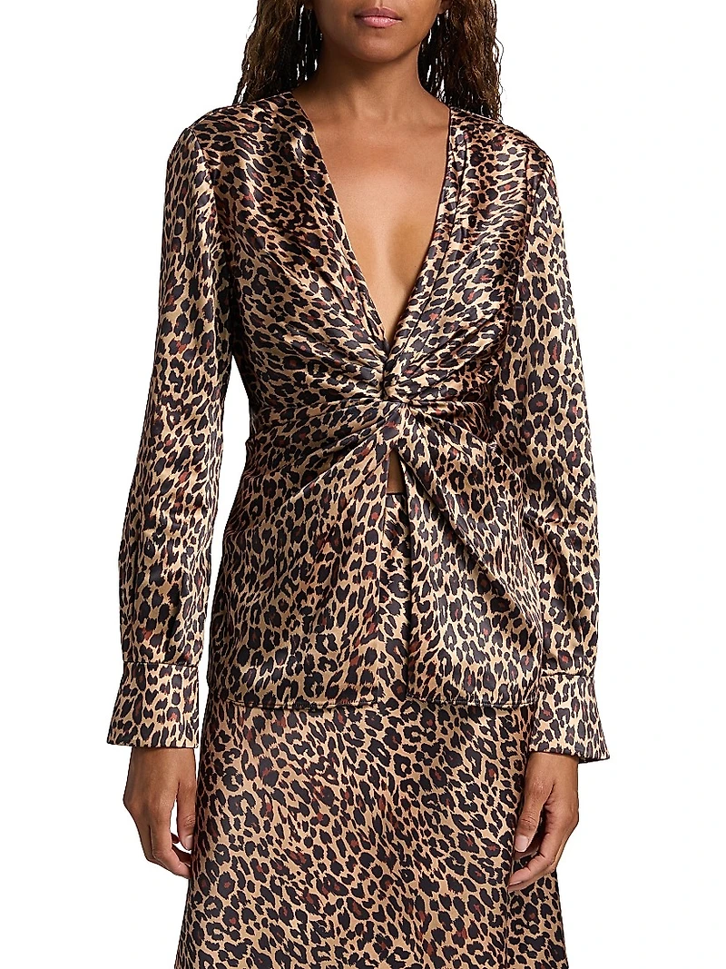 Lauren Leopard-Print Satin Twist-Front Blouse