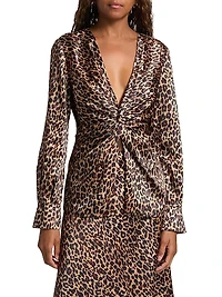 Lauren Leopard-Print Satin Twist-Front Blouse