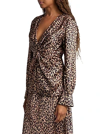 Lauren Leopard-Print Satin Twist-Front Blouse