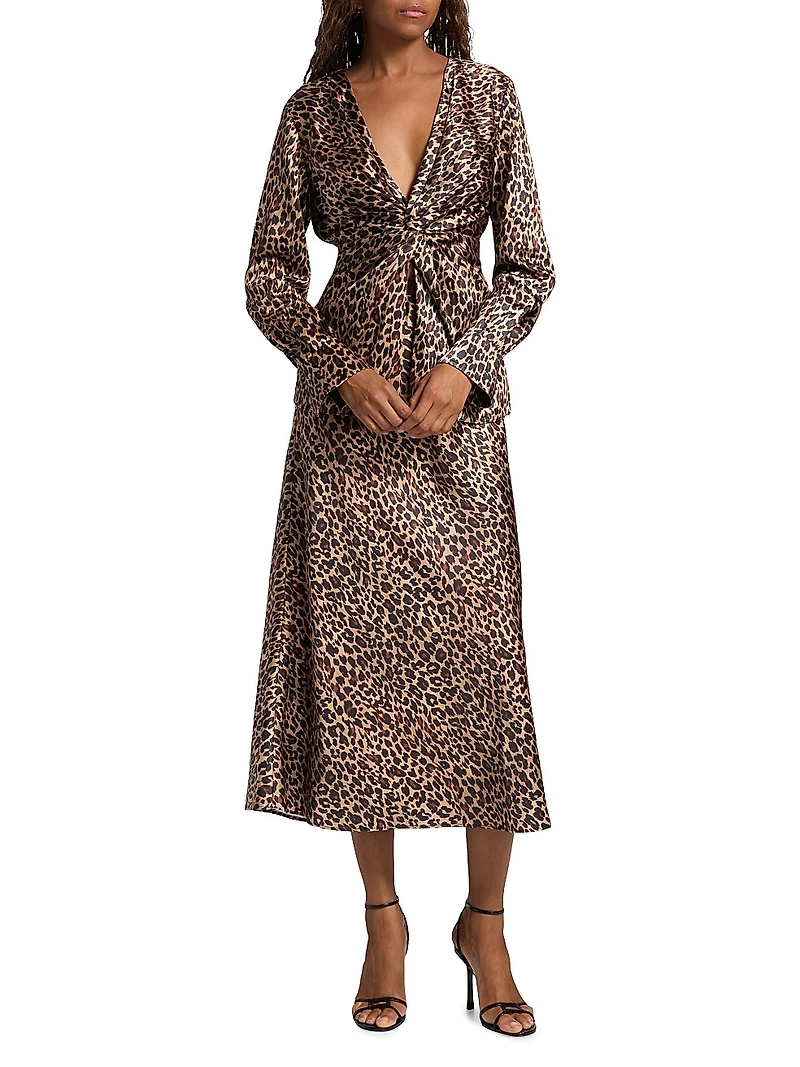 Lauren Leopard-Print Satin Twist-Front Blouse