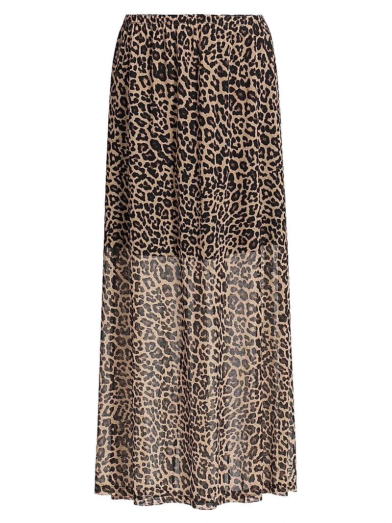 Leopard Print Mesh Gored Maxi Skirt