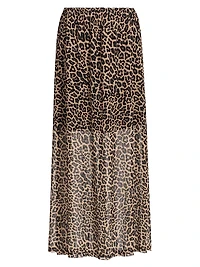Leopard Print Mesh Gored Maxi Skirt