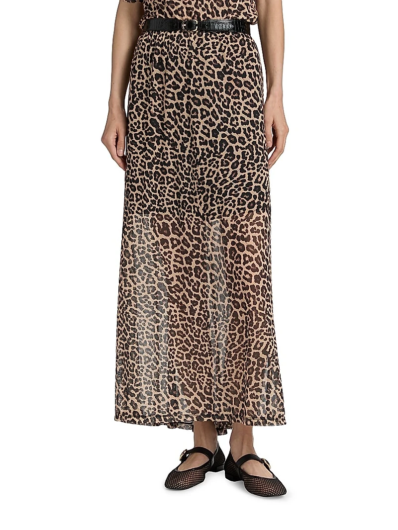 Leopard Print Mesh Gored Maxi Skirt