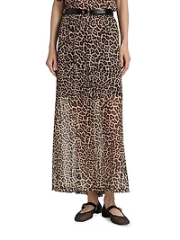 Leopard Print Mesh Gored Maxi Skirt
