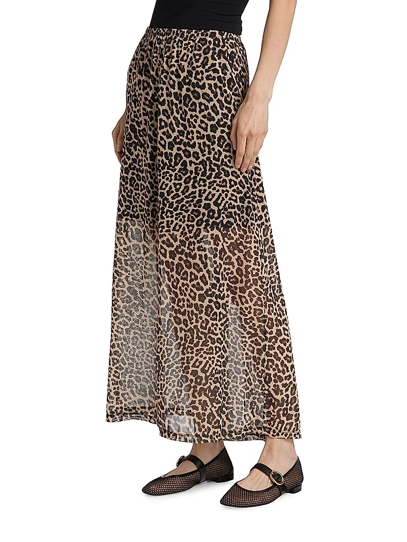 Leopard Print Mesh Gored Maxi Skirt
