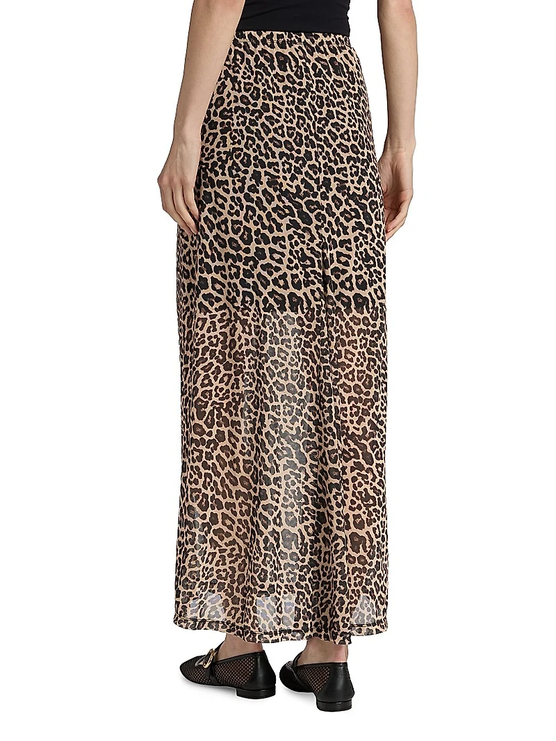Leopard Print Mesh Gored Maxi Skirt