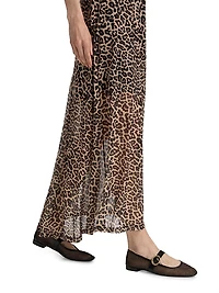 Leopard Print Mesh Gored Maxi Skirt