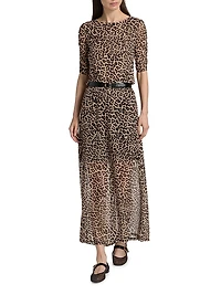 Leopard Print Mesh Gored Maxi Skirt