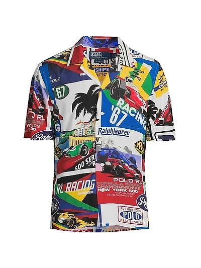 Classic-Fit Racing-Print Camp Shirt