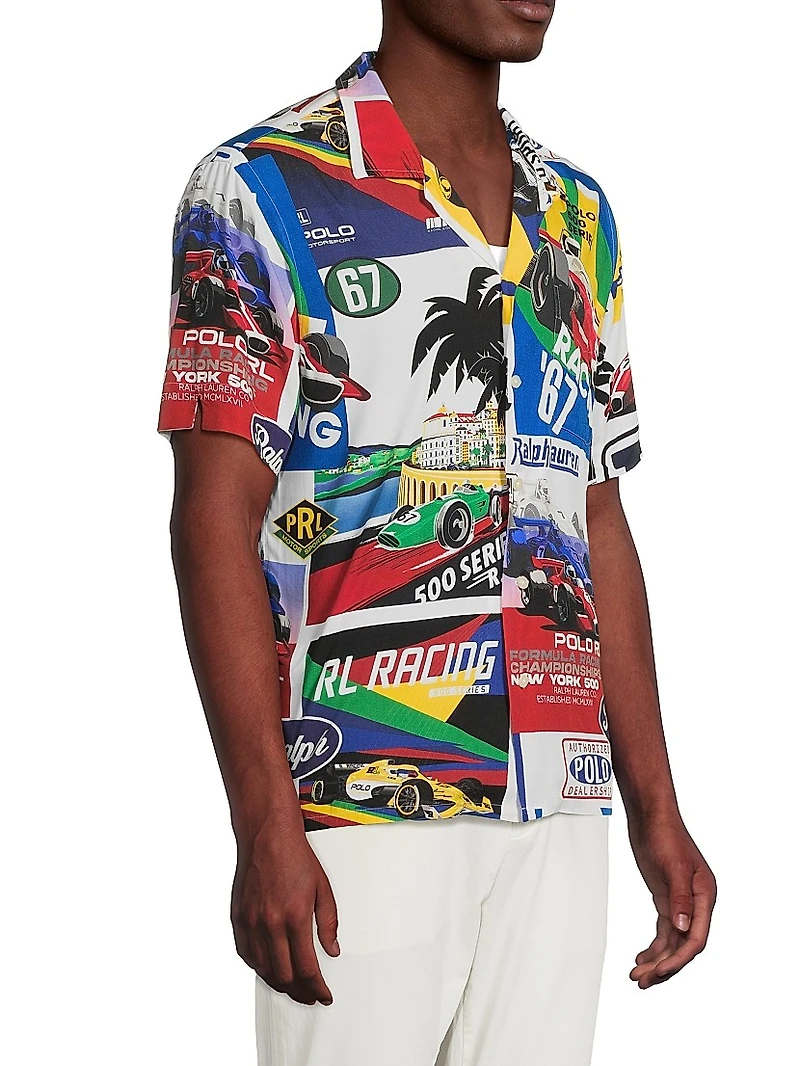 Classic-Fit Racing-Print Camp Shirt
