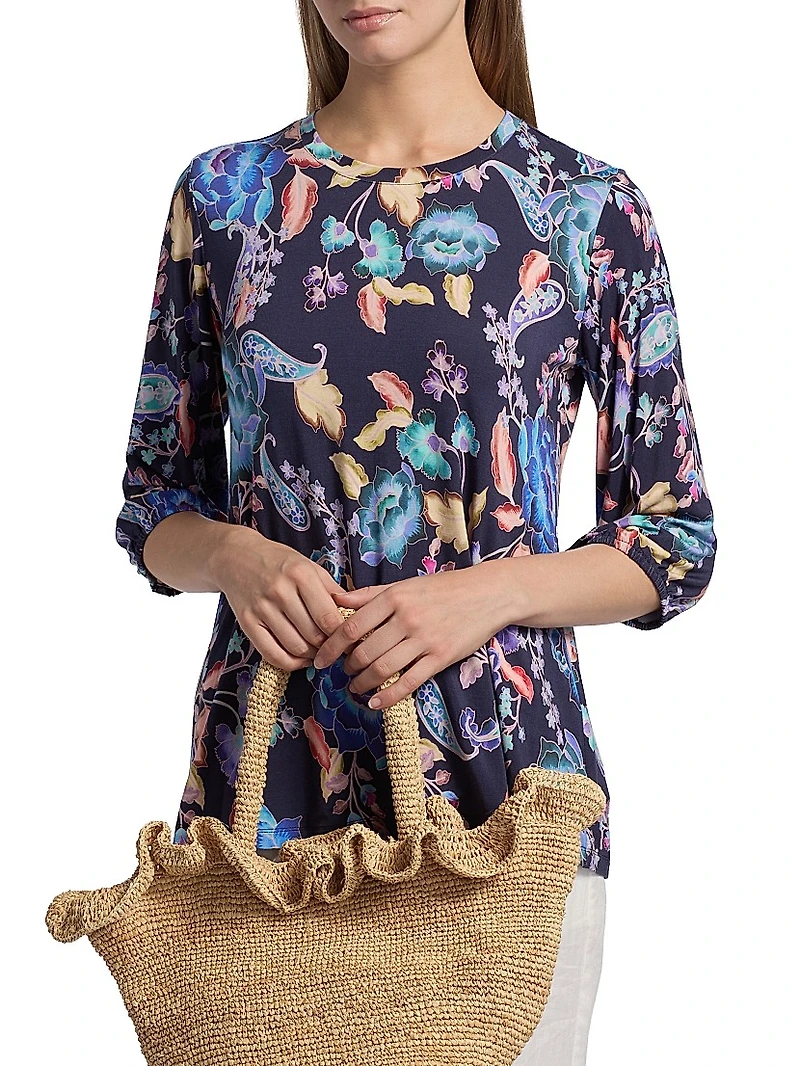 Janie Paisley Print Puff-Sleeve Top