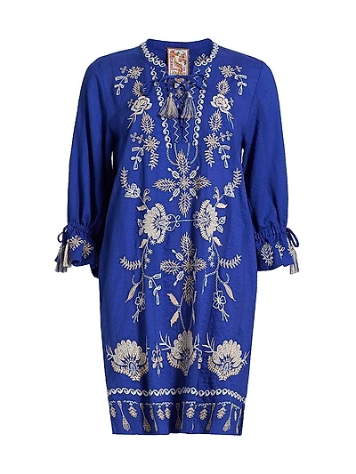 Embroidered Tie-Front Minidress