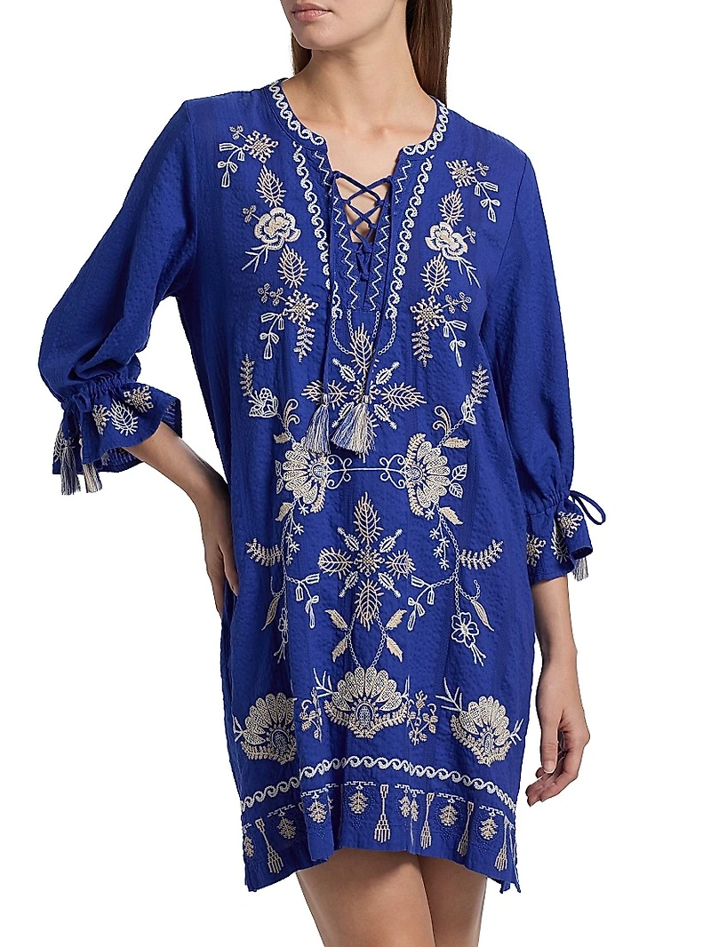 Embroidered Tie-Front Minidress