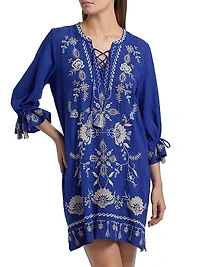 Embroidered Tie-Front Minidress