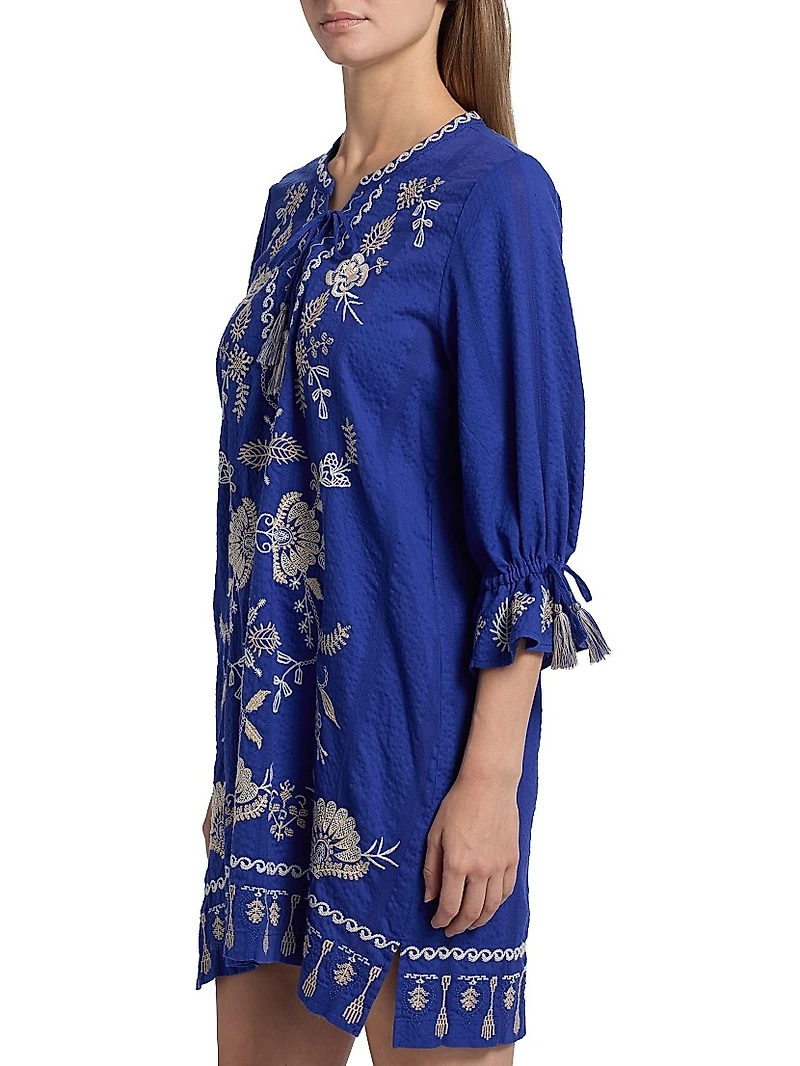Embroidered Tie-Front Minidress