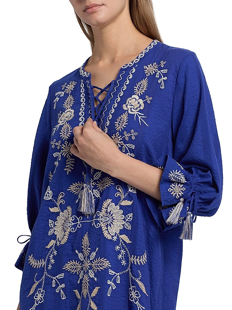 Embroidered Tie-Front Minidress