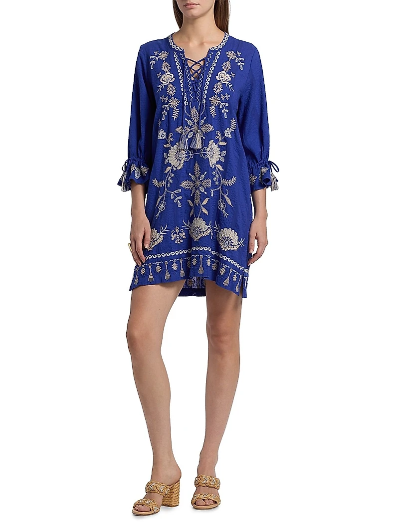 Embroidered Tie-Front Minidress