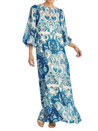 Luzon Floral Chiffon Balloon-Sleeve Gown