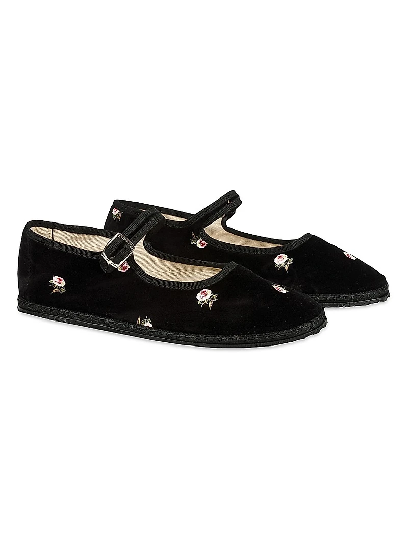 Velvet Floral Mary Janes