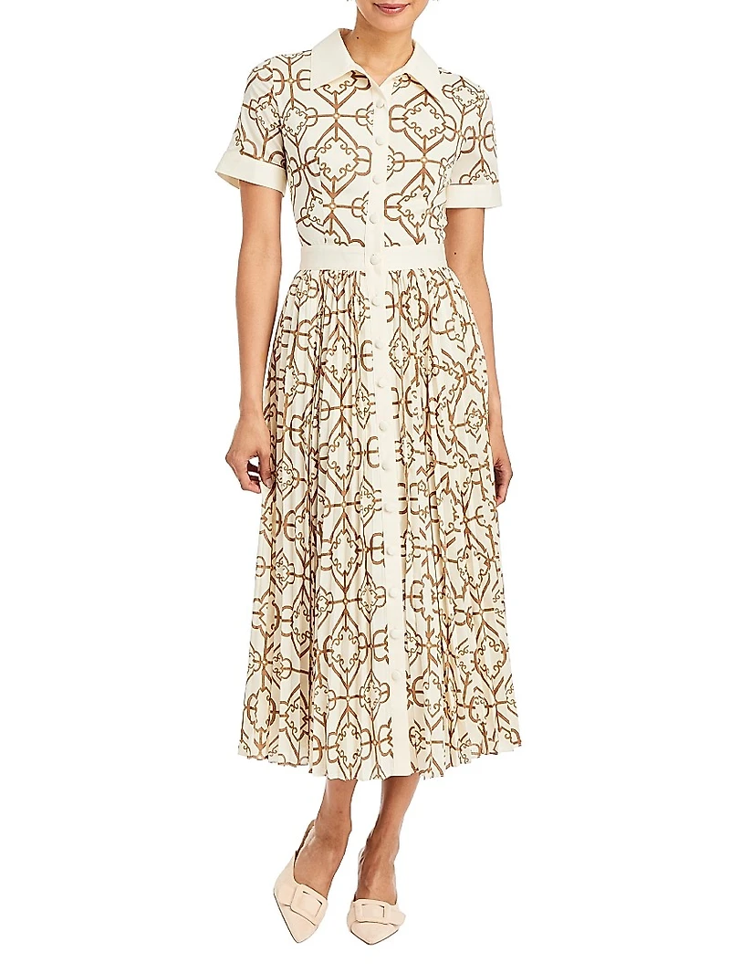 Billie Geometric Twill Button-Front Midi-Shirtdress