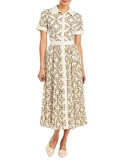 Billie Geometric Twill Button-Front Midi-Shirtdress