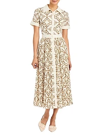 Billie Geometric Twill Button-Front Midi-Shirtdress