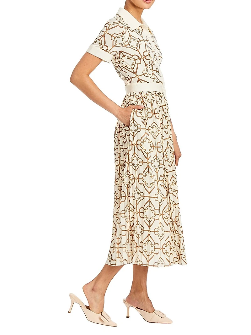 Billie Geometric Twill Button-Front Midi-Shirtdress