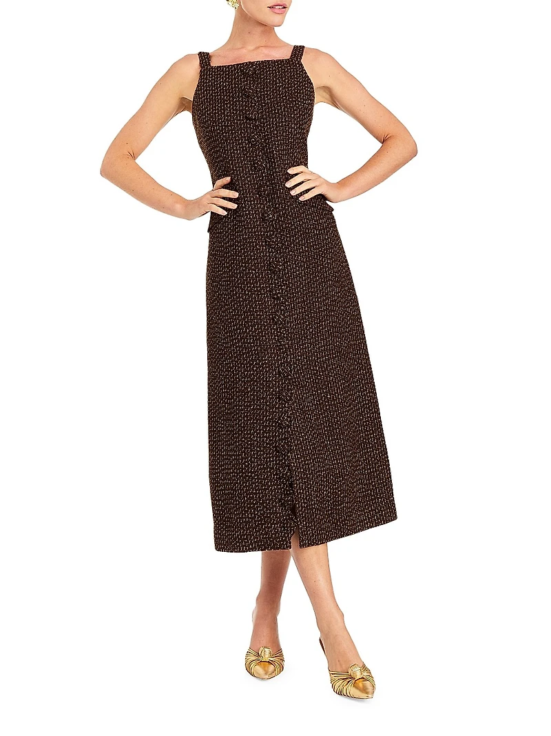 Espresso Sleeveless Tweed Midi-Dress