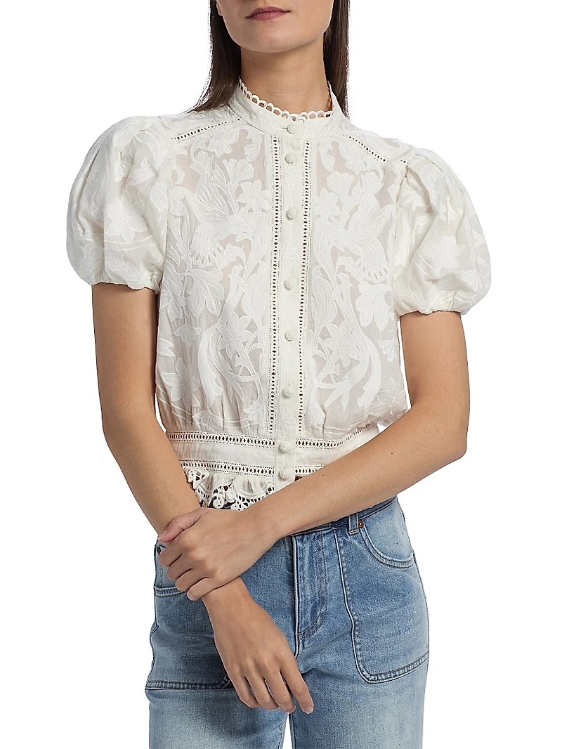 Loryn Embroidered Cotton Short-Sleeve Blouse