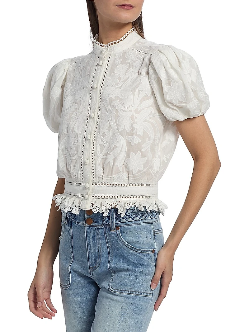 Loryn Embroidered Cotton Short-Sleeve Blouse