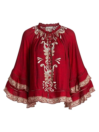 Leonora Button-Frontt Ruffle Sleeve Tunic Top
