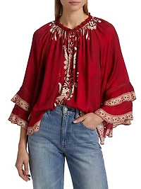 Leonora Button-Frontt Ruffle Sleeve Tunic Top