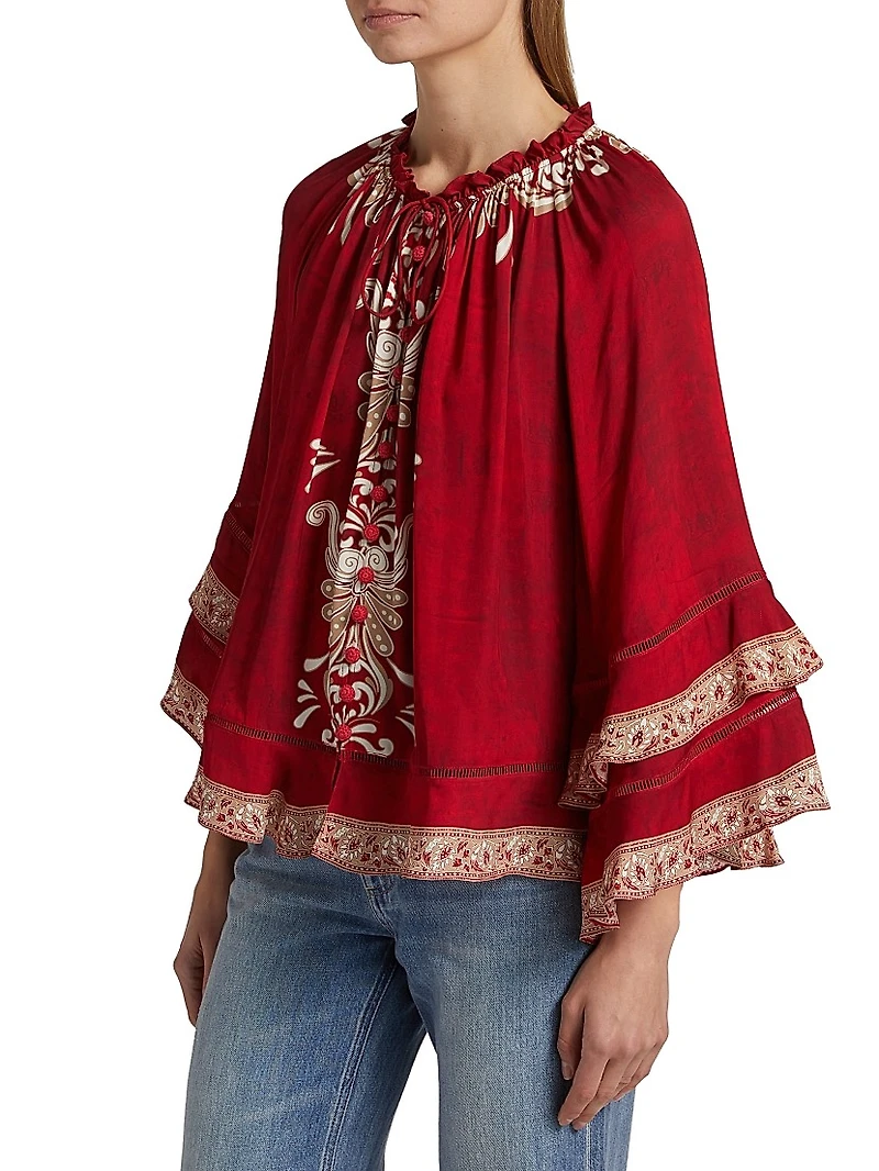 Leonora Button-Frontt Ruffle Sleeve Tunic Top