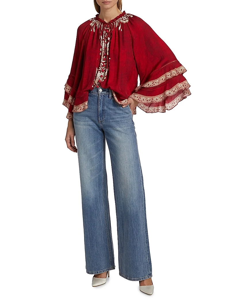 Leonora Button-Frontt Ruffle Sleeve Tunic Top