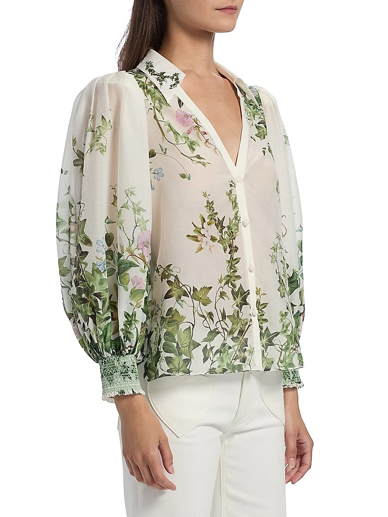 Charis Tropical-Print Cotton-Silk Blouse