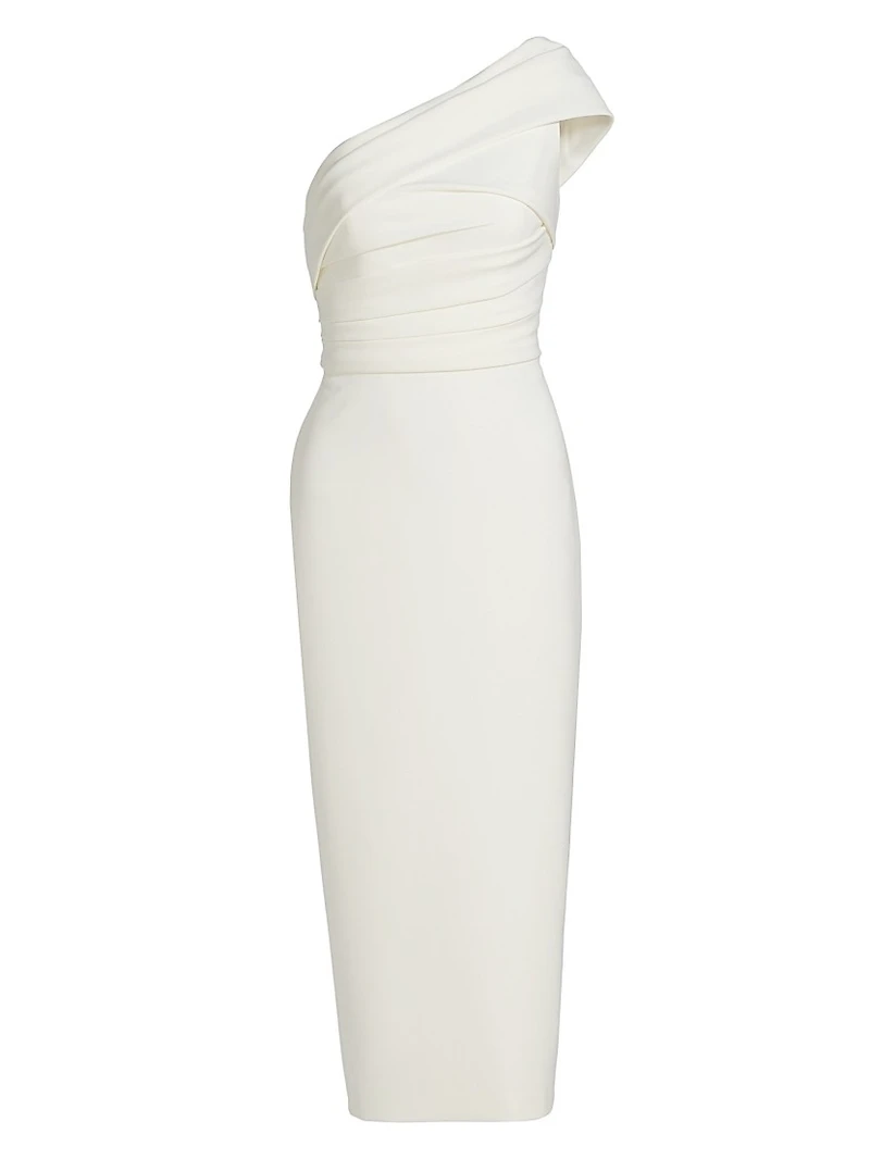 Crepe Draped One-Shoulder Midi-Dress