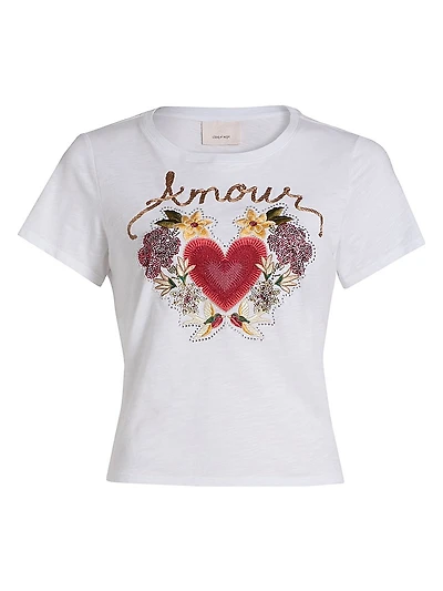 Amour Shrunken Embellished Graphic Cotton T-Shirt