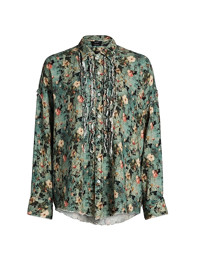 Floral Ruffled Cotton Button-Front Shirt