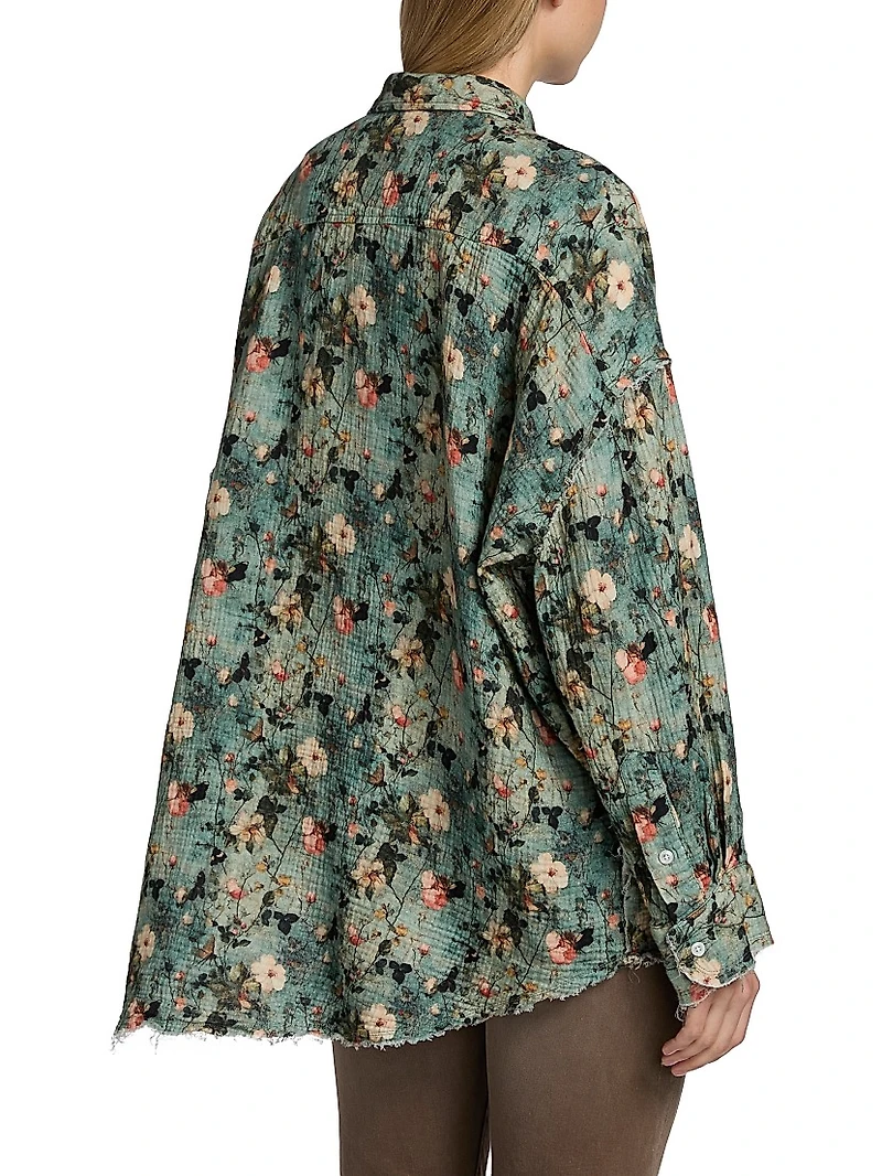 Floral Ruffled Cotton Button-Front Shirt