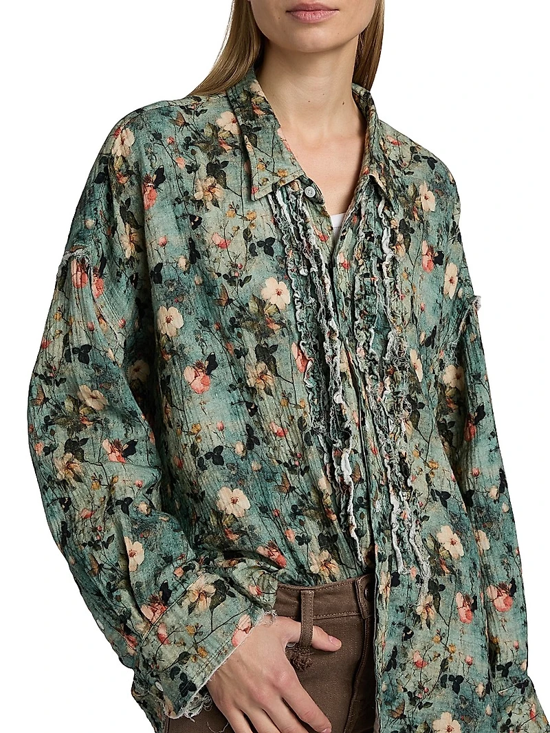 Floral Ruffled Cotton Button-Front Shirt