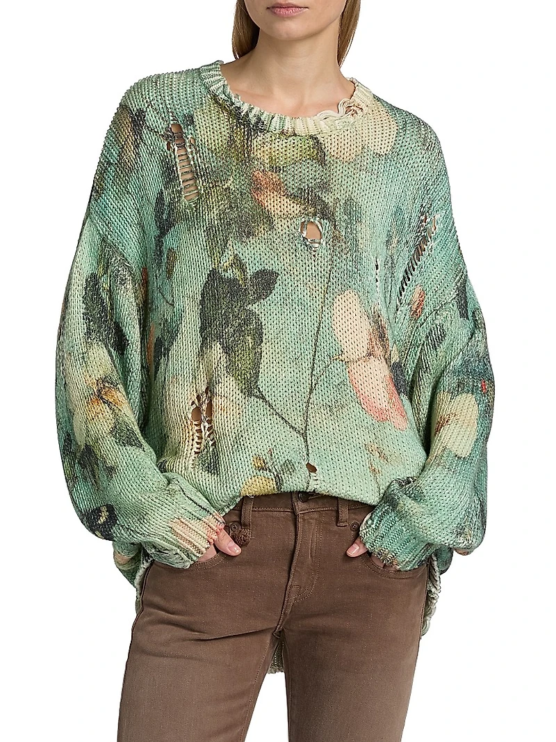 Distressed Floral Cashmere Crewneck Sweater