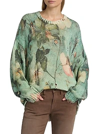 Distressed Floral Cashmere Crewneck Sweater