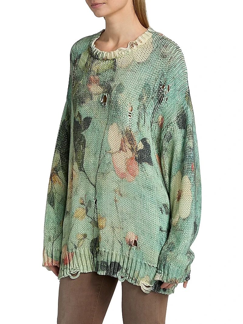Distressed Floral Cashmere Crewneck Sweater