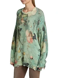 Distressed Floral Cashmere Crewneck Sweater