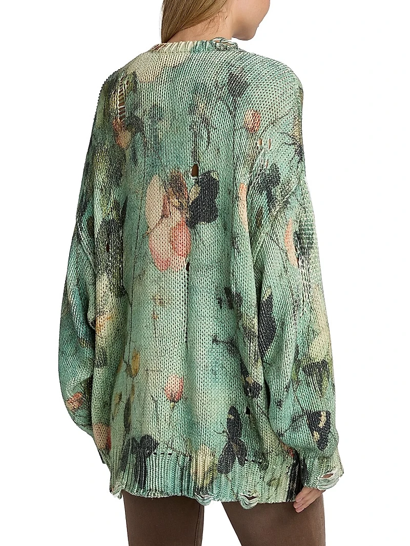 Distressed Floral Cashmere Crewneck Sweater