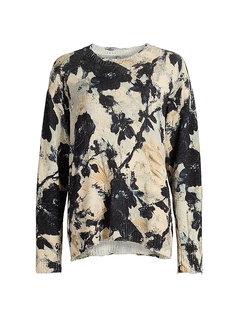 Distressed Floral Linen Crewneck Sweater