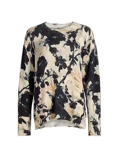 Distressed Floral Linen Crewneck Sweater