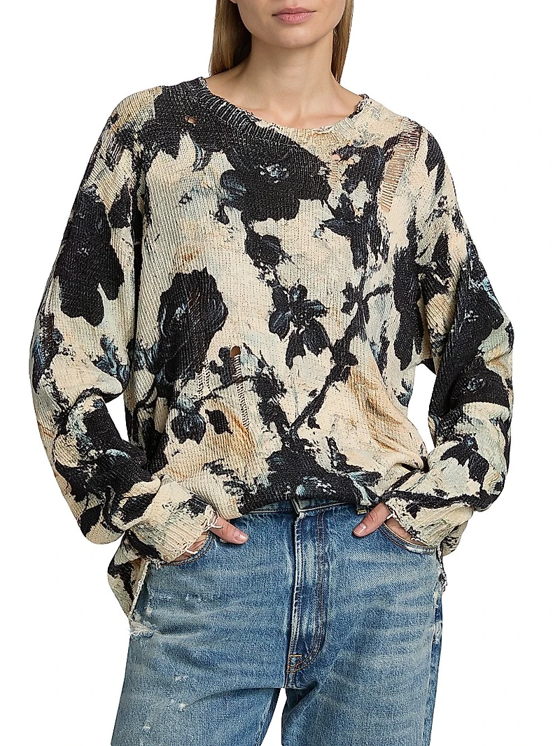Distressed Floral Linen Crewneck Sweater