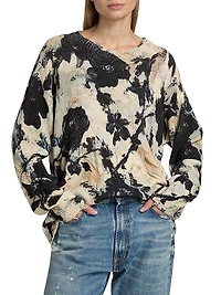 Distressed Floral Linen Crewneck Sweater